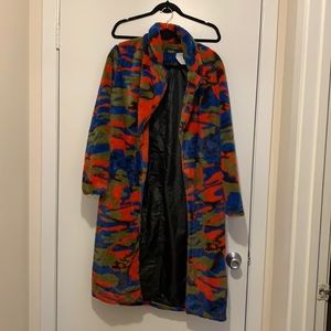 Funky, camo calf length faux fur coat